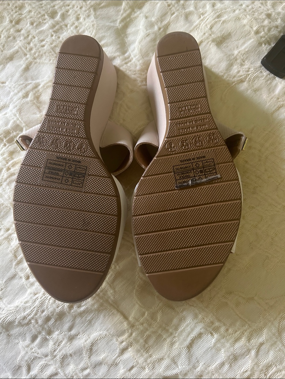 Two-Band White & Beige Women's Slide Sandals - Picture 3 of 5